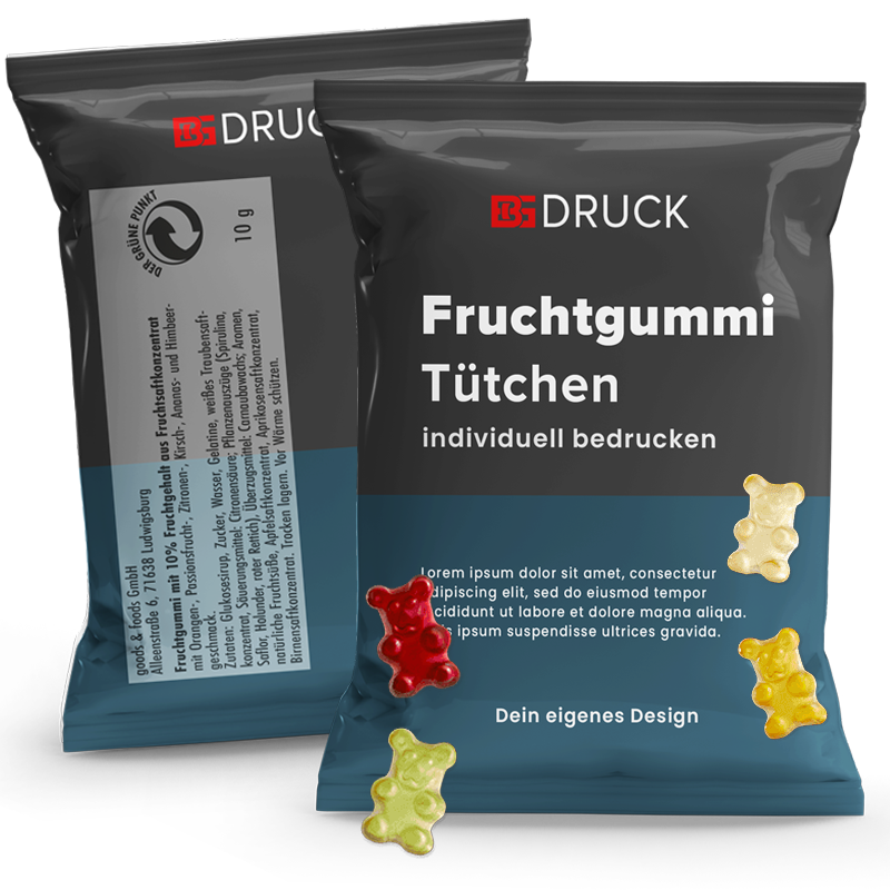 Fruchtgummi Tütchen (10g), beidseitig 4-farbig bedruckt Fruchtgummi Tütchen (10g), beidseitig 4-farbig bedruckt