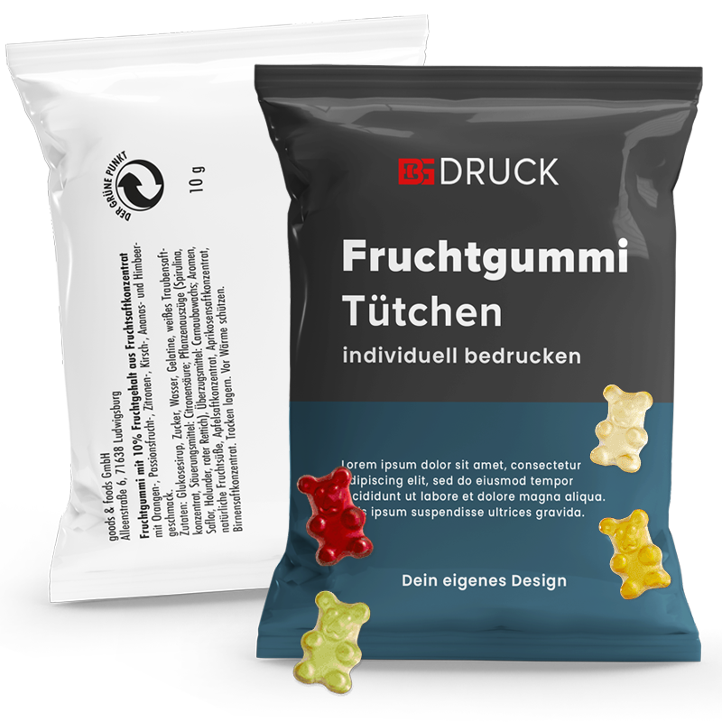 Fruchtgummi Tütchen (10g), Vorderseite 4-farbig bedruckt Fruchtgummi Tütchen (10g), Vorderseite 4-farbig bedruckt